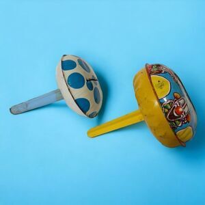 Vintage Tin Litho Noisemakers New Years Eve US Metal Toy Party Clowns Polka Dots